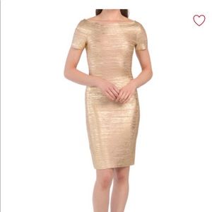 Herve Leger gold off-the-shoulder bandage dress